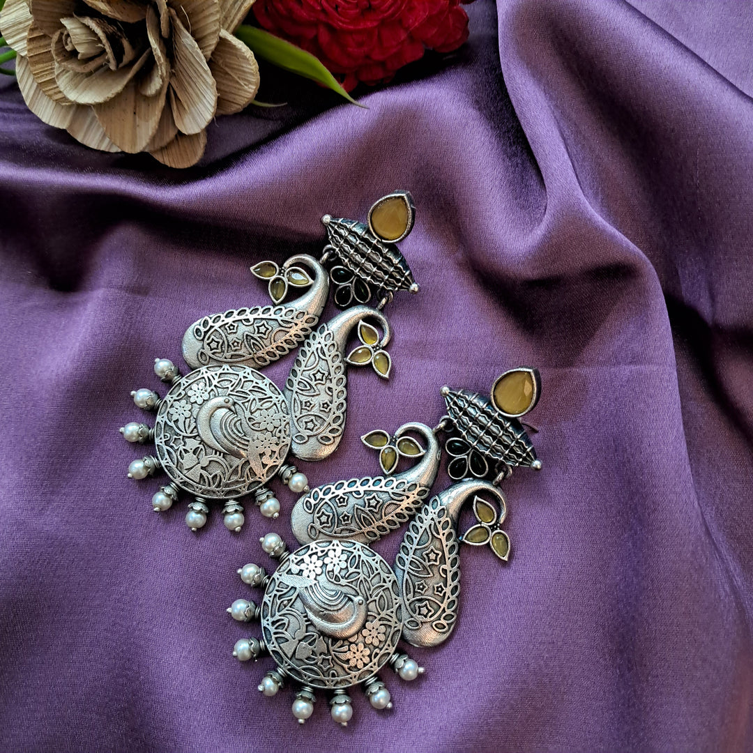 Ekani Sapna Yellow & Green Brass Alloy Silver Pearl And Monalisa Stone Big Earrings