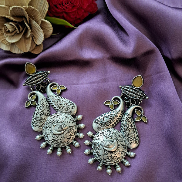 Ekani Sapna Yellow & Green Brass Alloy Silver Pearl And Monalisa Stone Big Earrings