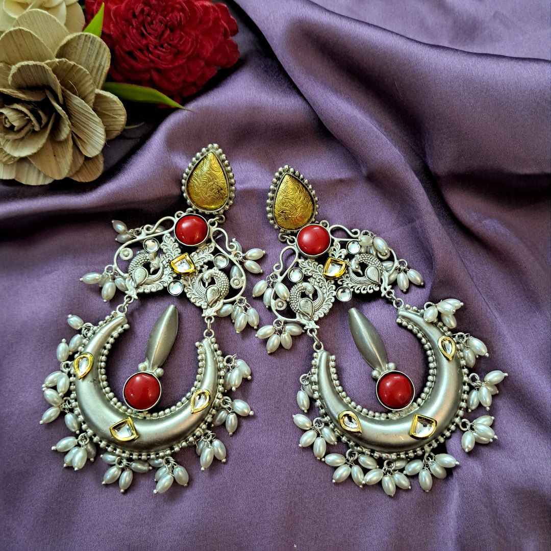 Ekani Kriti 92.5 Silver Kundan Jadau Brass Made Electro Silver Plated Big Bold Statement Earrings