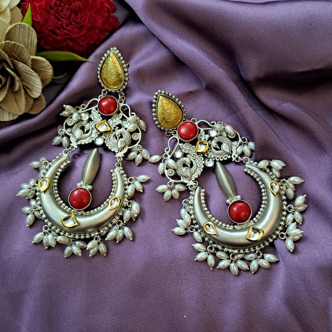 Ekani Kriti 92.5 Silver Kundan Jadau Brass Made Electro Silver Plated Big Bold Statement Earrings