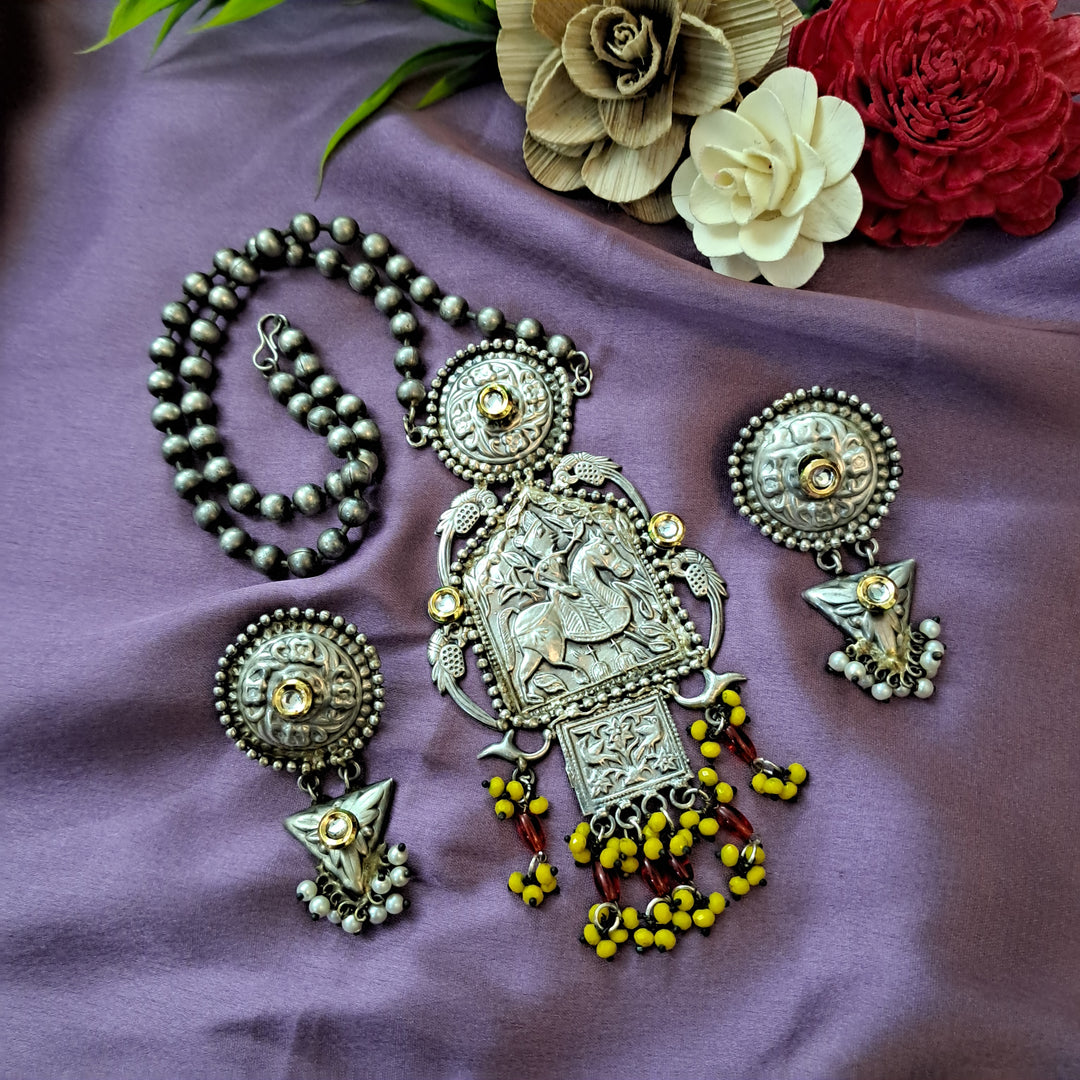 Ekani Arundhati Brass Silver Red/yellow Beads Necklace With Earrings
