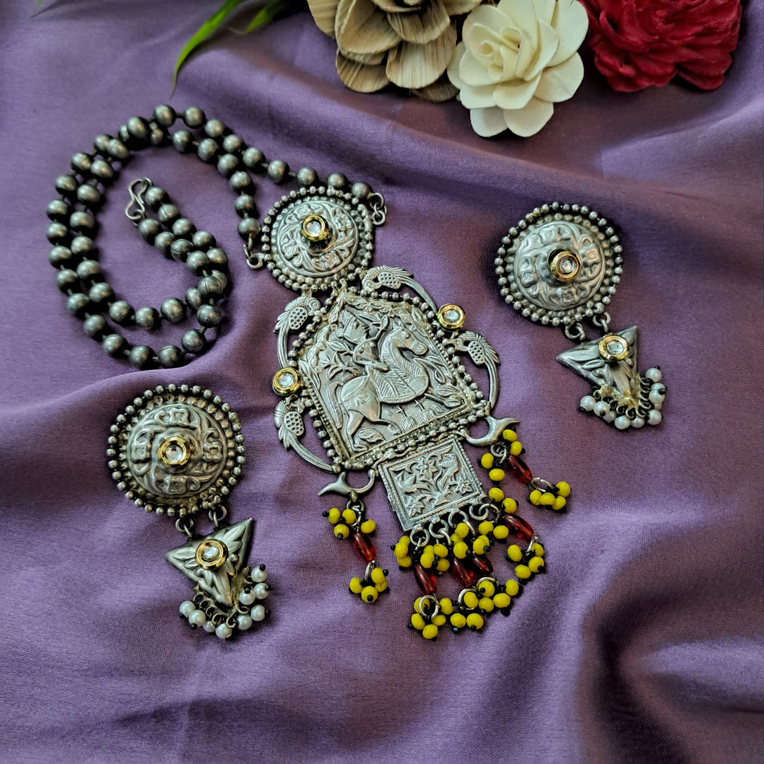 Ekani Arundhati Brass Silver Red/yellow Beads Necklace With Earrings