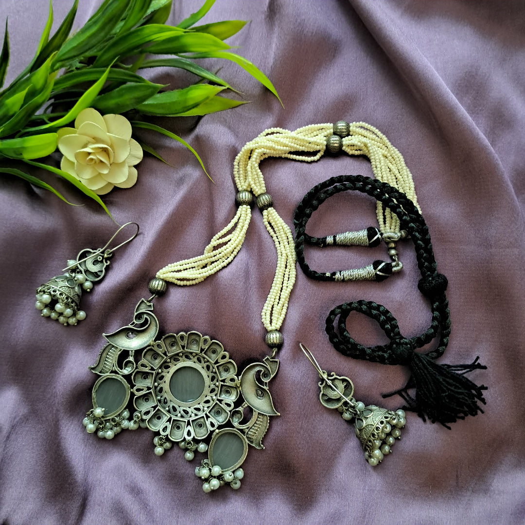Ekani Geeta Silver Moti Mala Stone Necklace With Jhumka Earrings