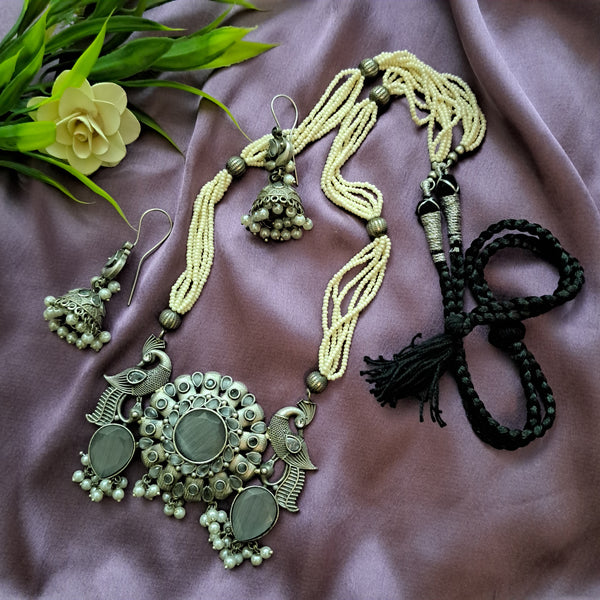 Ekani Geeta Silver Moti Mala Stone Necklace With Jhumka Earrings