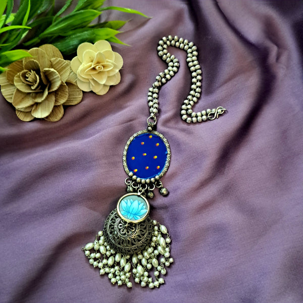 Ekani Kusum Silver Jhumka  Meenakari Long Chain Necklace