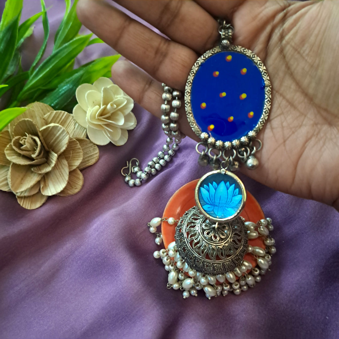 Ekani Kusum Silver Jhumka  Meenakari Long Chain Necklace