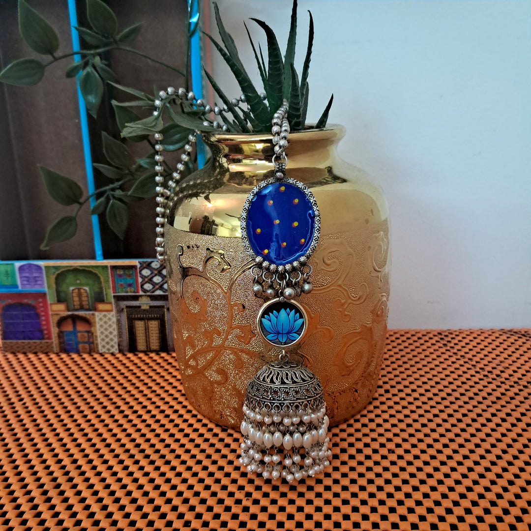 Ekani Kusum Silver Jhumka  Meenakari Long Chain Necklace