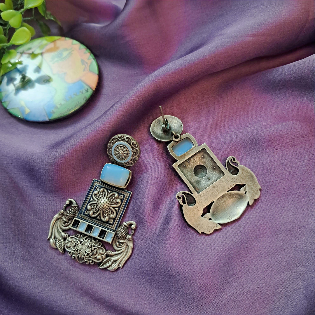 Ekani Shima Alloy Silver Peacock Meenakari Handpainted Earrings