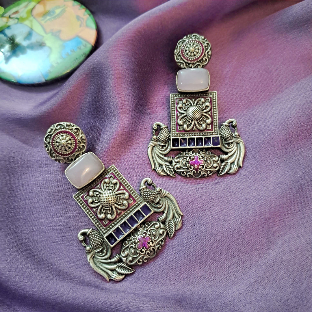 Ekani Rhima Alloy Silver Peacock Meenakari Handpainted Earrings