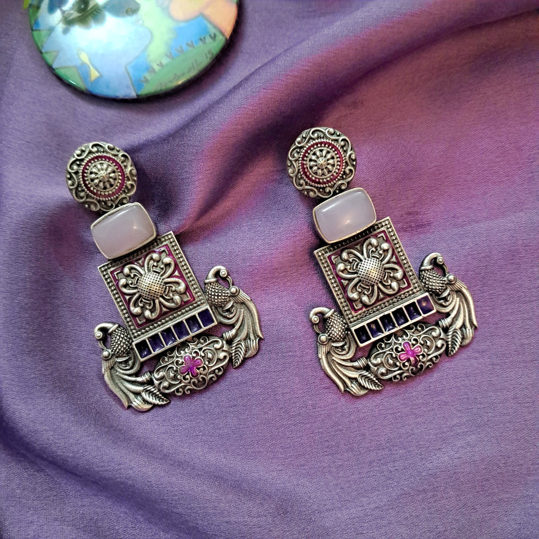 Ekani Rhima Alloy Silver Peacock Meenakari Handpainted Earrings