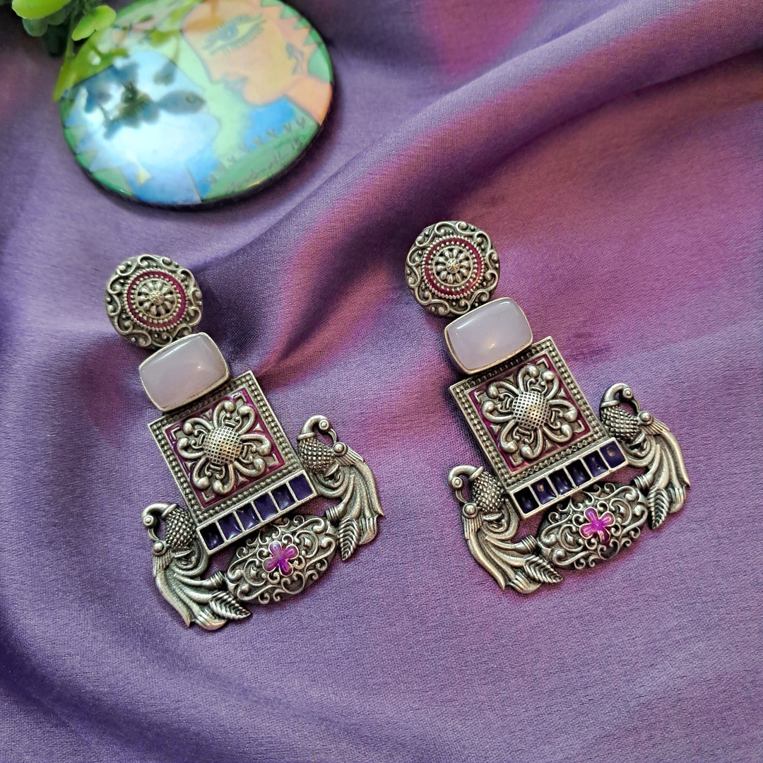 Ekani Rhima Alloy Silver Peacock Meenakari Handpainted Earrings