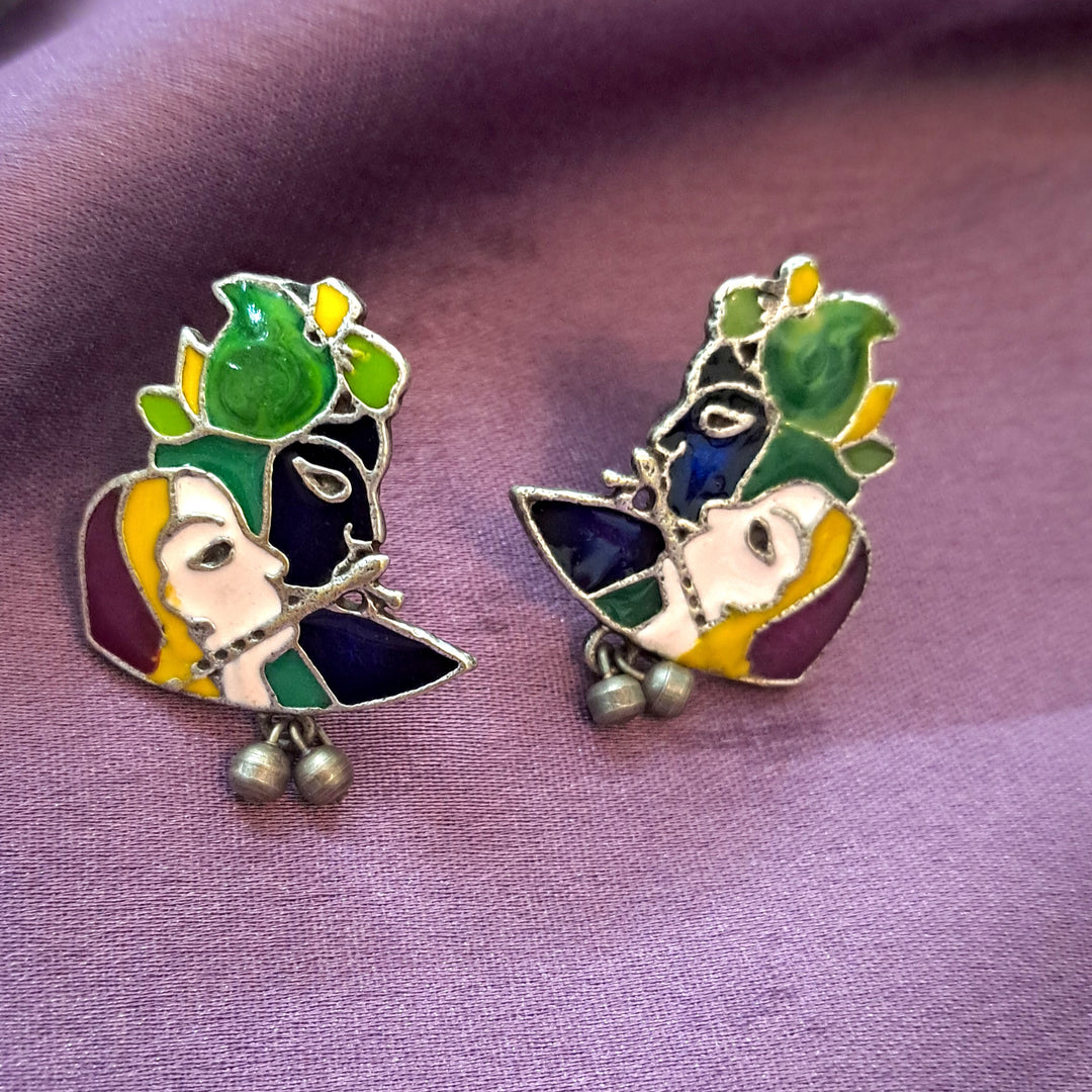 Ekani Krishna-Radha Silver Enamel Meenakari Stud Earrings