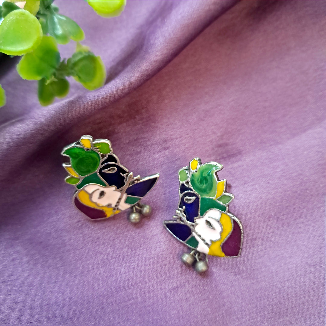 Ekani Krishna-Radha Silver Enamel Meenakari Stud Earrings
