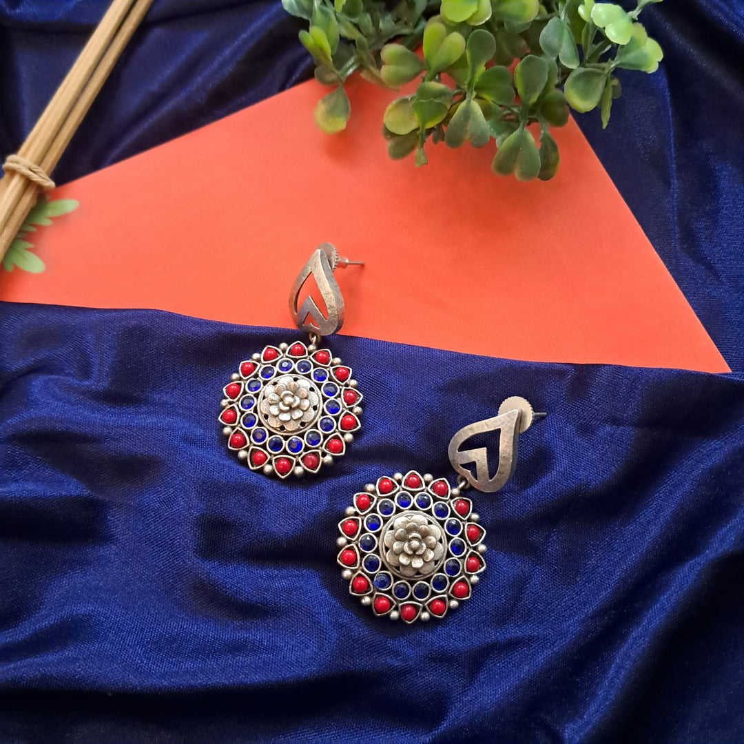 Ekani Sunehri Blue Red Stones Silver Replica Earrings