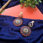 Load image into Gallery viewer, Ekani Sunehri Blue Red Stones Silver Replica Earrings
