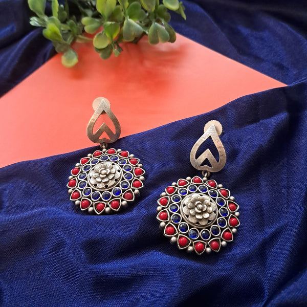Ekani Sunehri Blue Red Stones Silver Replica Earrings