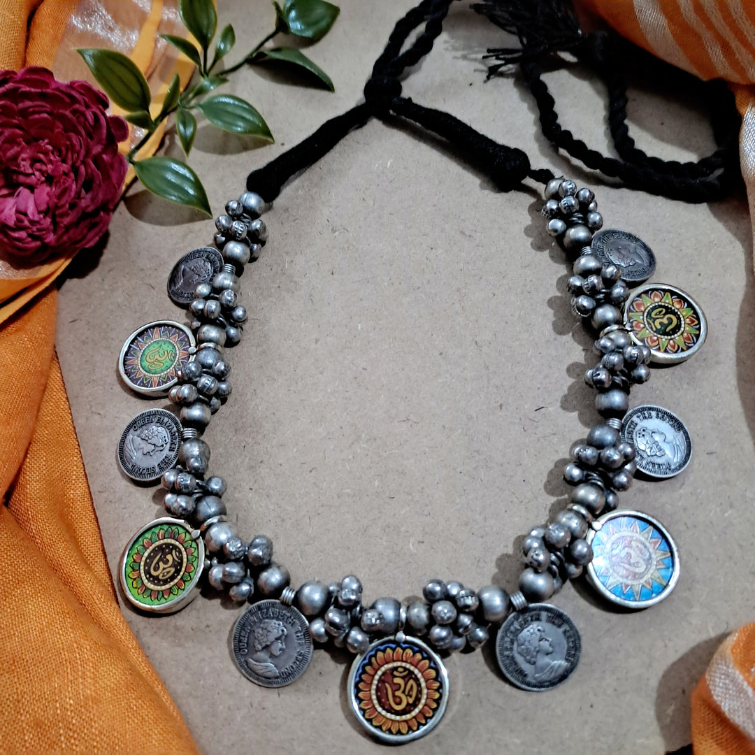 Ekani OM Brass Silver Meenakari Vintage Necklace