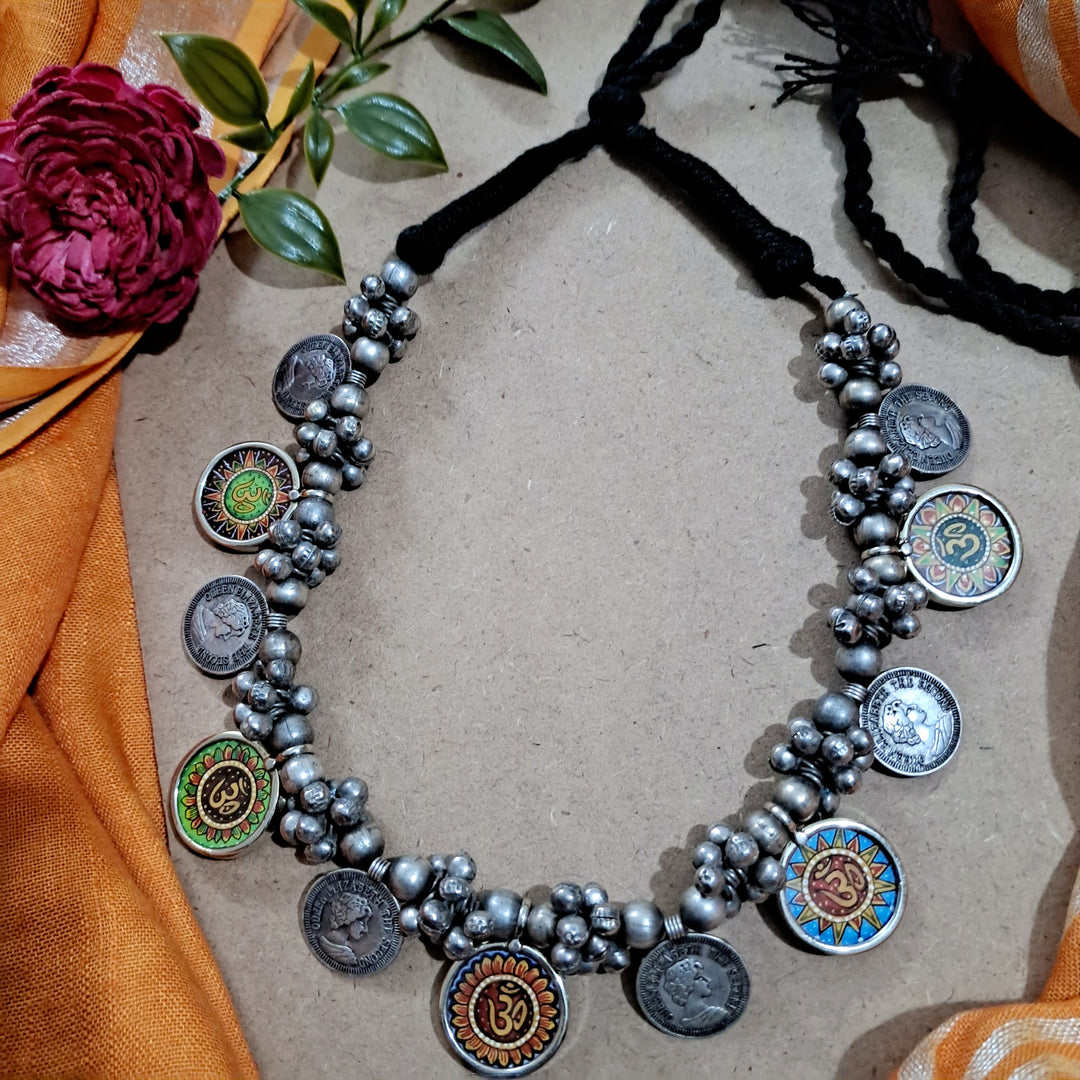 Ekani OM Brass Silver Meenakari Vintage Necklace