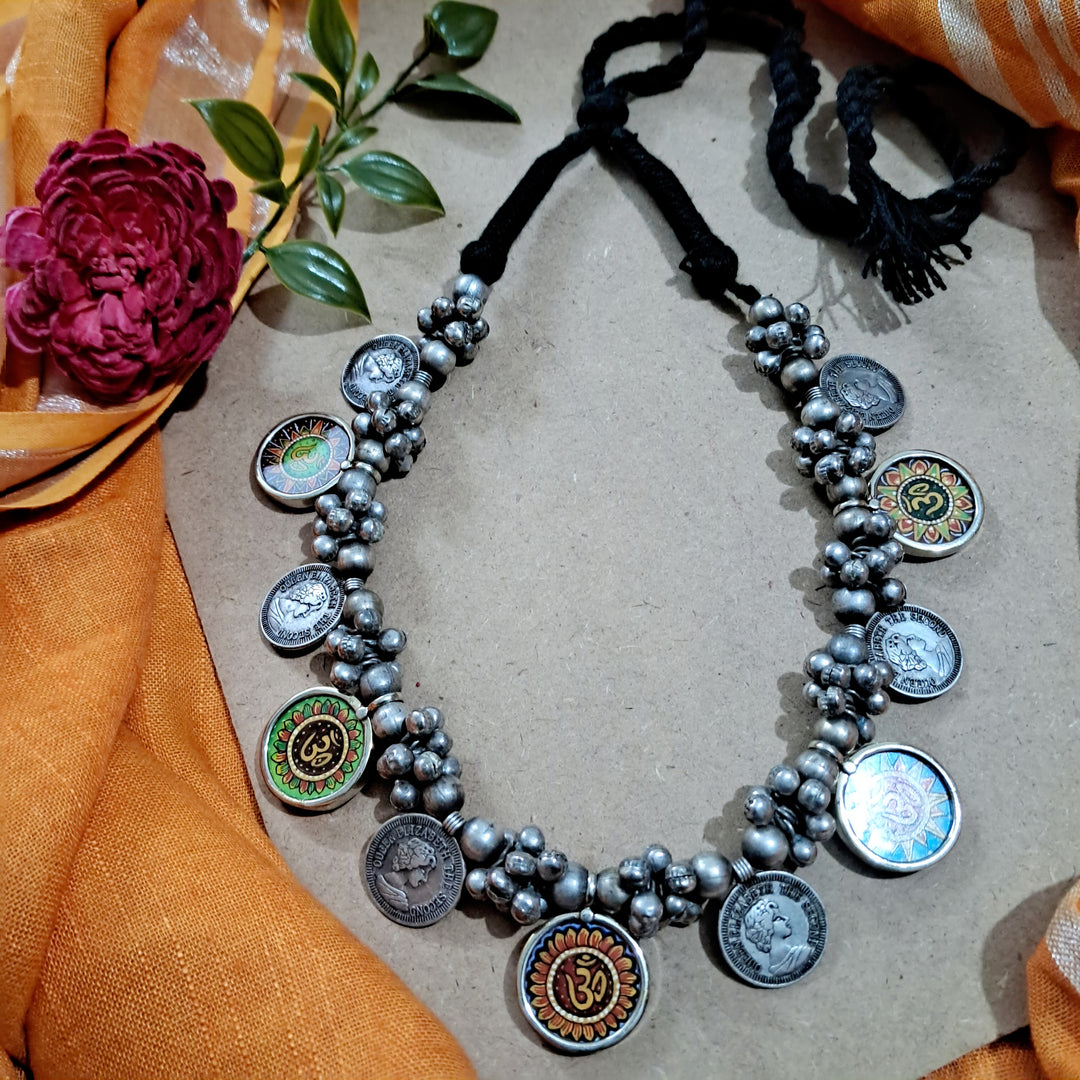 Ekani OM Brass Silver Meenakari Vintage Necklace