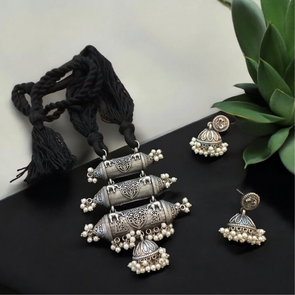 Ekani Mandira Brass Silver Replica  Tabeez Necklace With Earrings