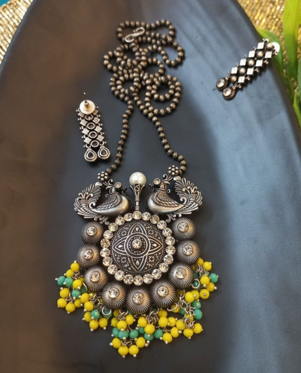 Ekani Shaziya Silver Brass Long Chain Necklace With Earrings