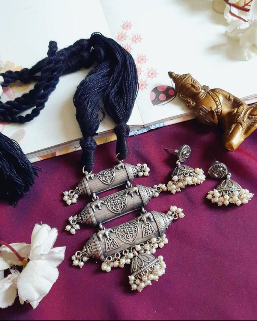 Ekani Mandira Brass Silver Replica  Tabeez Necklace With Earrings