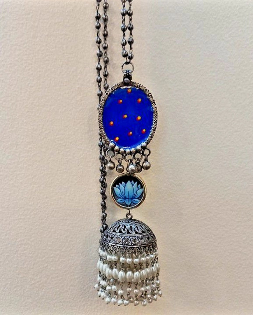 Ekani Kusum Silver Jhumka  Meenakari Long Chain Necklace