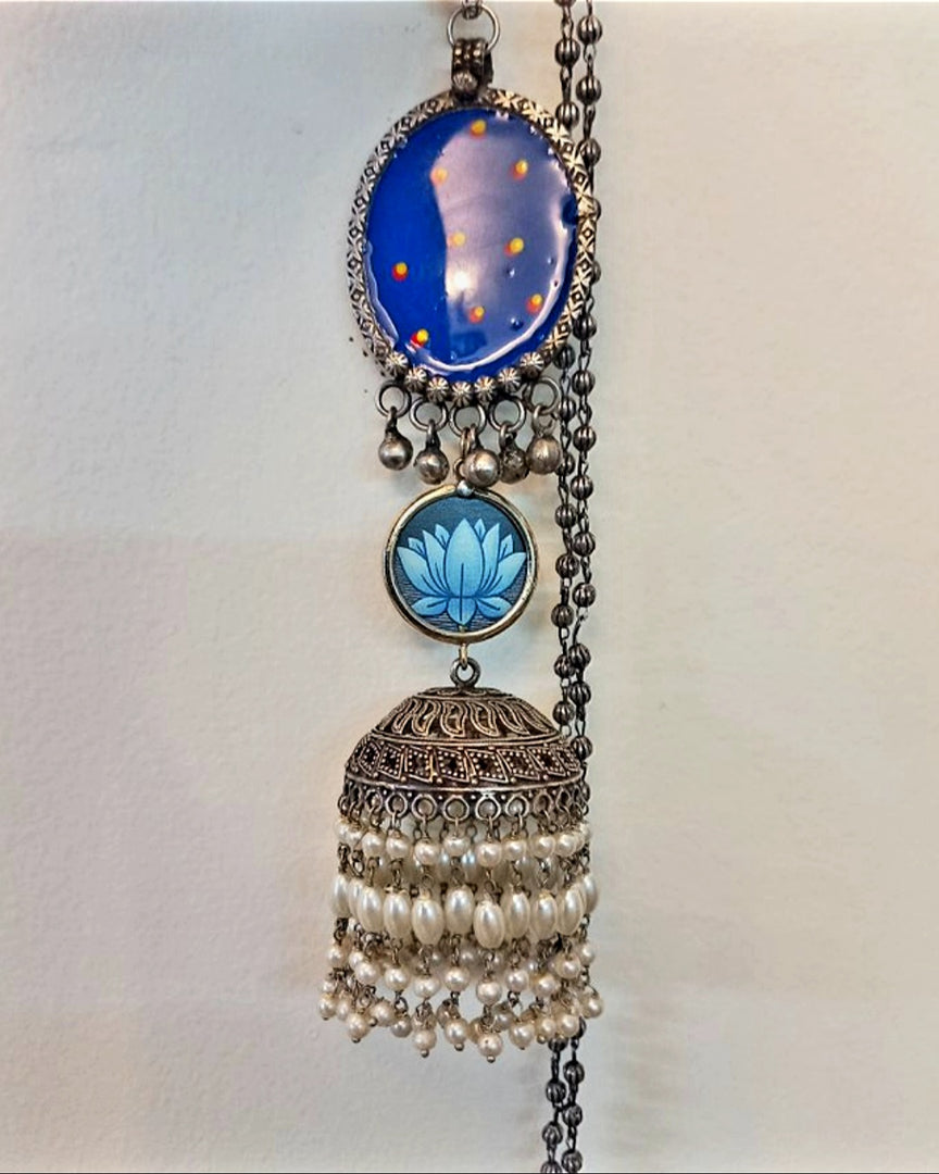 Ekani Kusum Silver Jhumka  Meenakari Long Chain Necklace