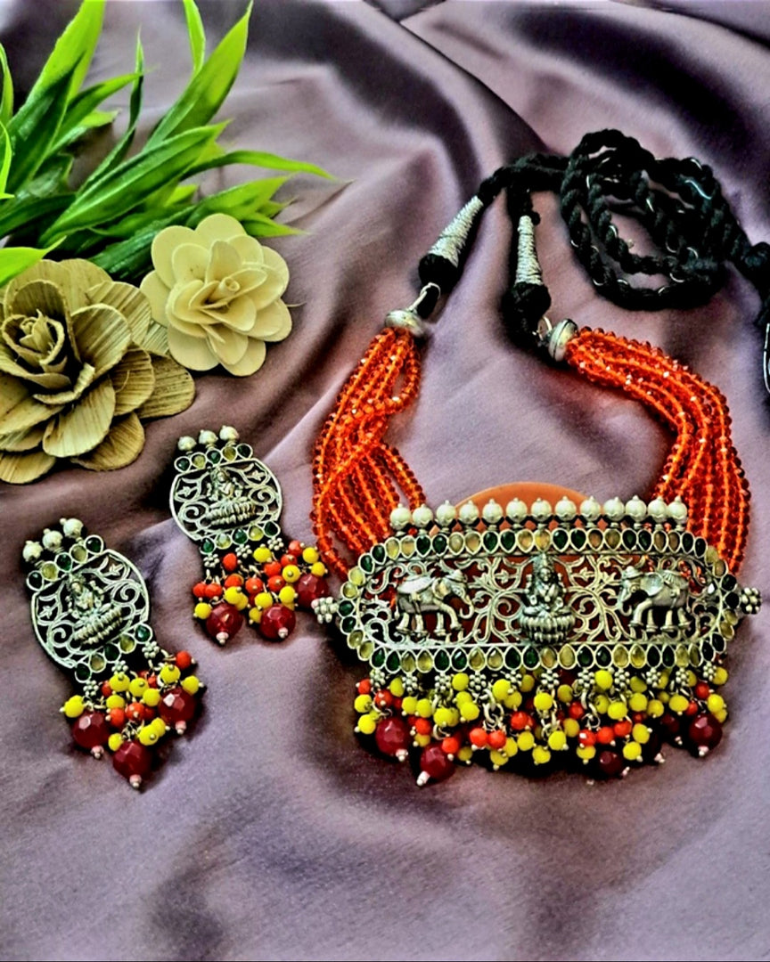 Ekani Amrapali Orange Silver Crystal Beads Choker Necklace Set