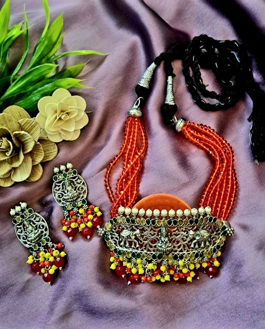 Ekani Amrapali Orange Silver Crystal Beads Choker Necklace Set