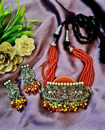 Load image into Gallery viewer, Ekani Amrapali Orange Silver Crystal Beads Choker Necklace Set
