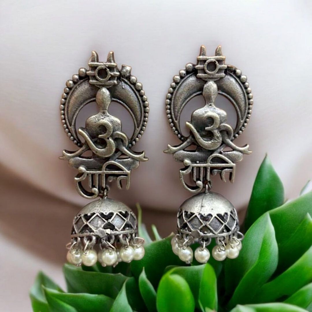 Ekani Om Shanti Silver Replica Brass Pearls Jhumka Earrings