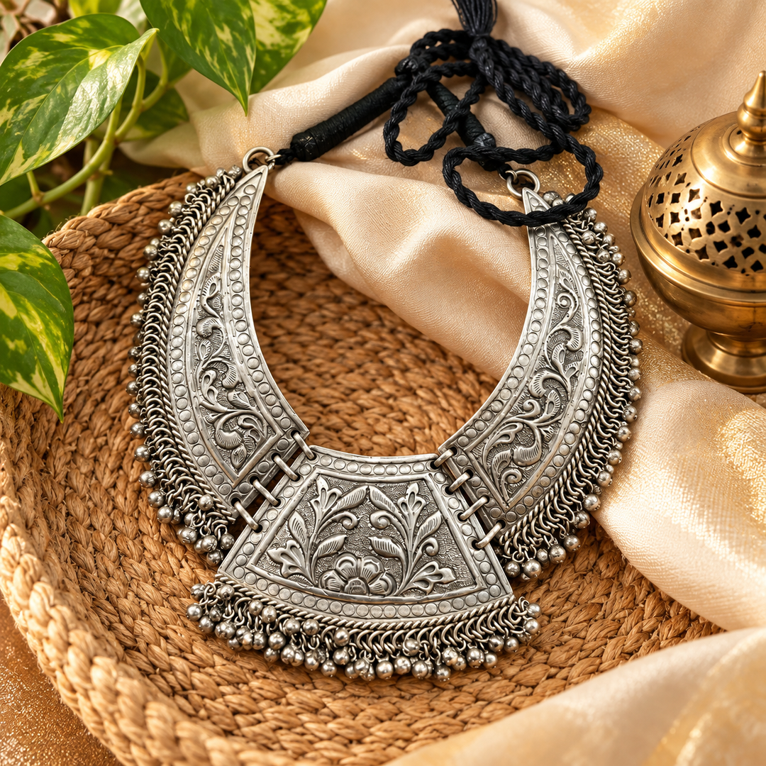 Ekani Chitai Work Silver-Plated Brass Choker Cum Necklace