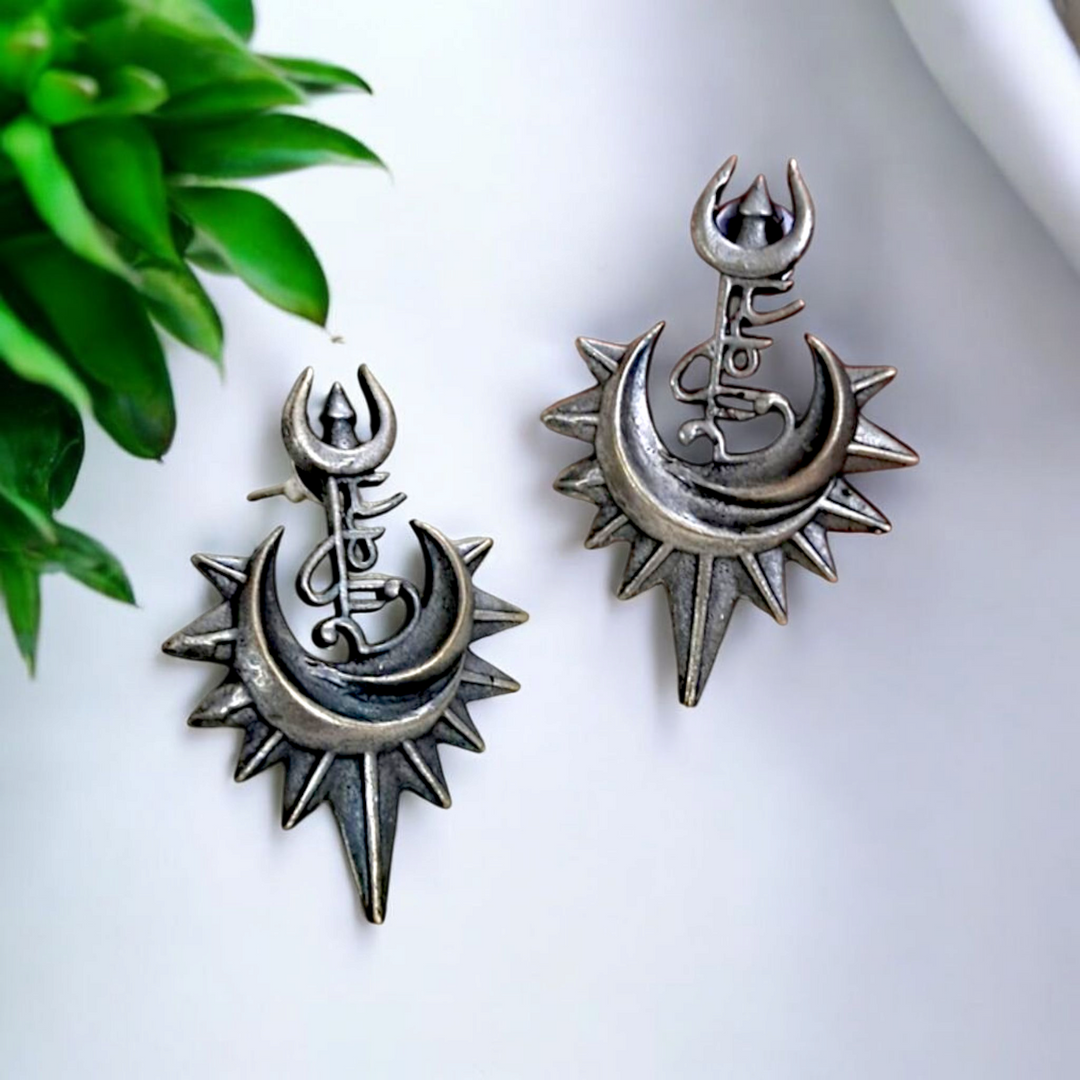 Ekani Shakti Trishul Brass Silver Earrings