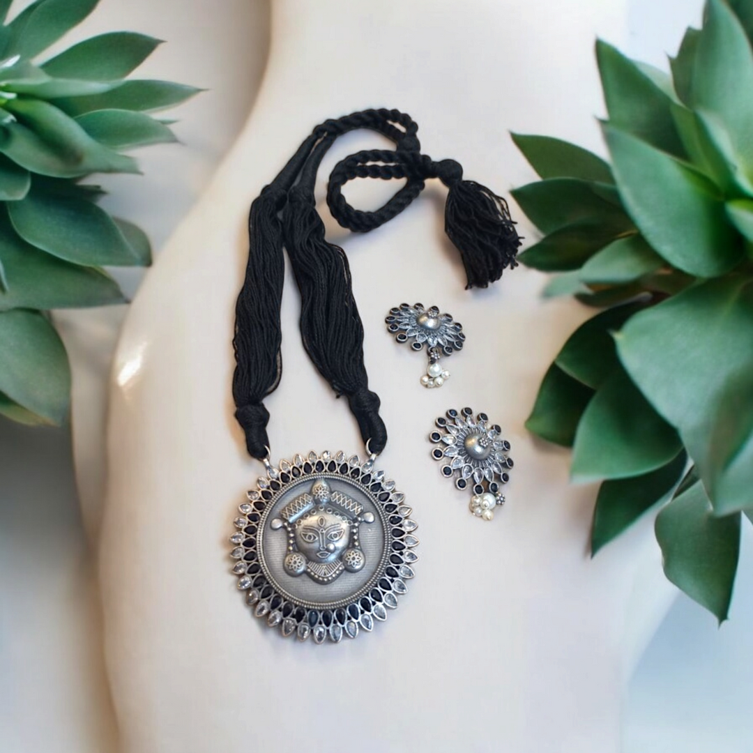 Ekani Durga Brass Silver Blue White Zircon Pearl Black Thread Tarsel Necklace Set
