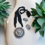 Load image into Gallery viewer, Ekani Durga Brass Silver Blue White Zircon Pearl Black Thread Tarsel Necklace Set
