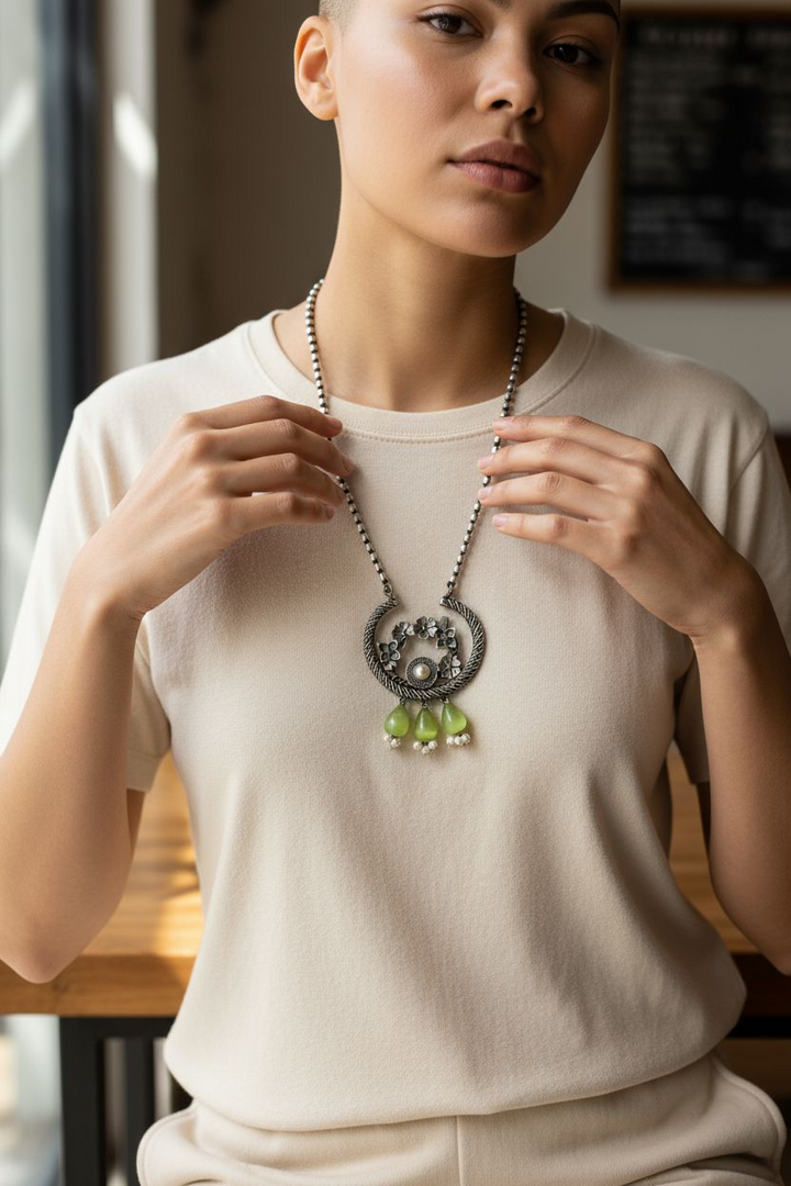 Ekani Upasna Floral Green Beads Silver Lookalike Pearl Necklace With Hoop Earrings