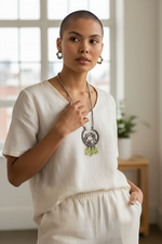 Load image into Gallery viewer, Ekani Upasna Floral Green Beads Silver Lookalike Pearl Necklace With Hoop Earrings