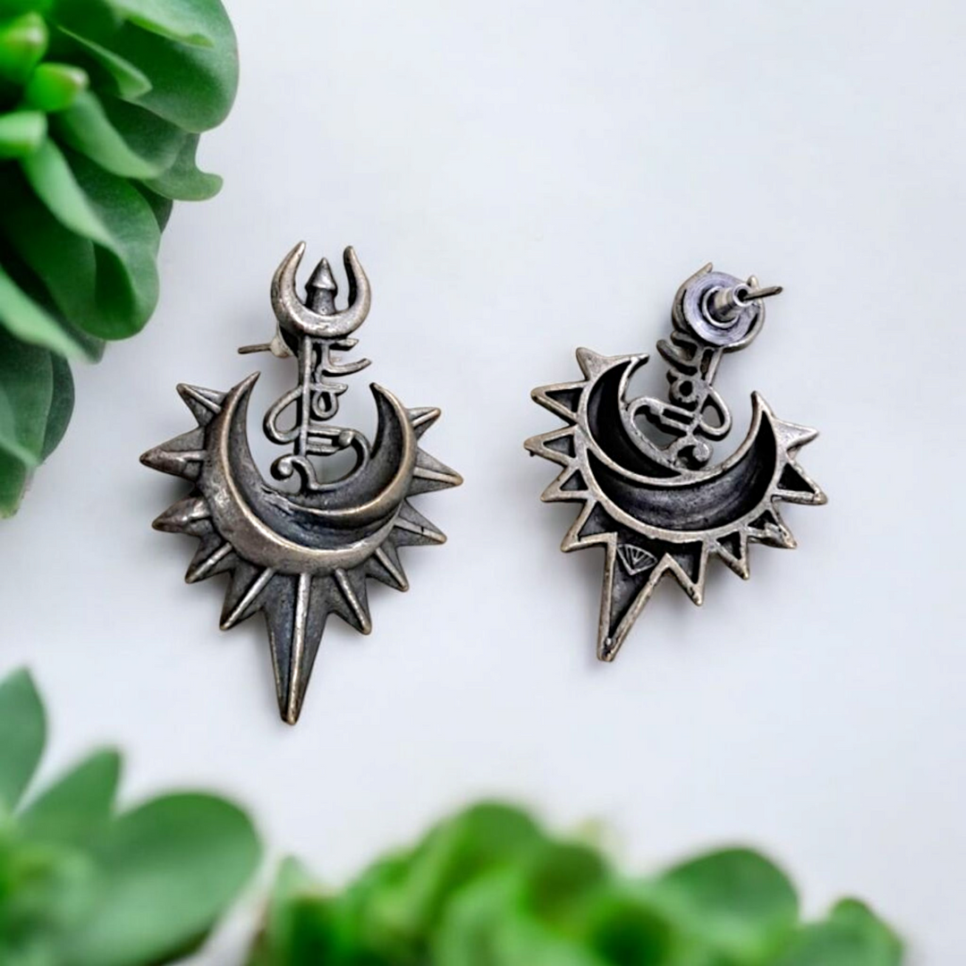Ekani Shakti Trishul Brass Silver Earrings