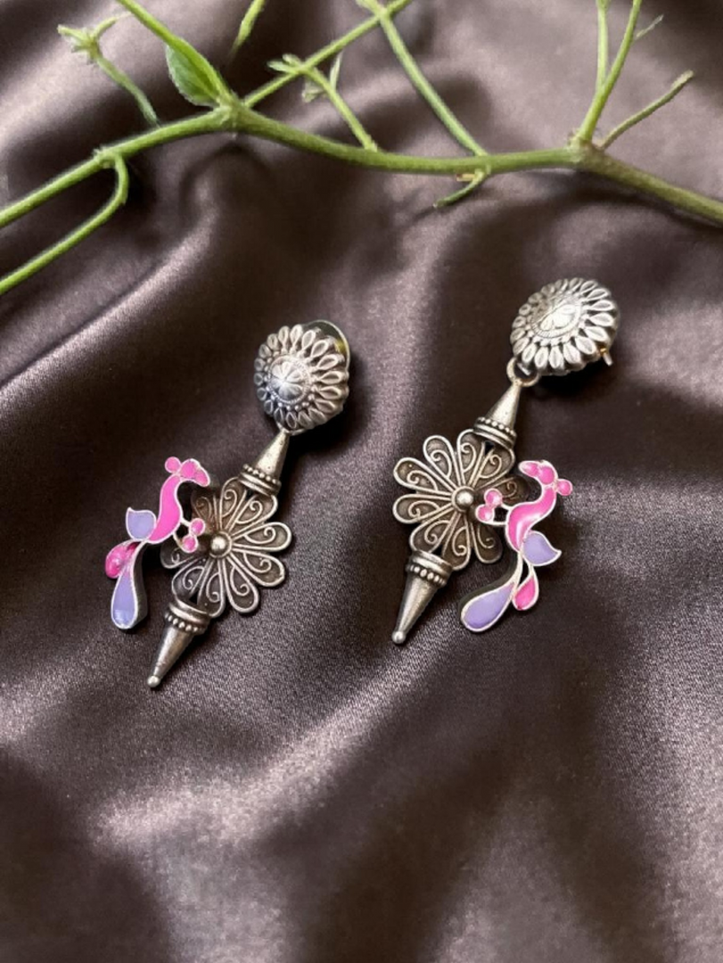 Ekani Hansika Gulabi Brass Silver Meenakari Earrings For Women