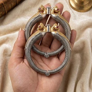 Peacock Dual-Tone Brass Openable Tribal Kada Pair with Ruby Stones