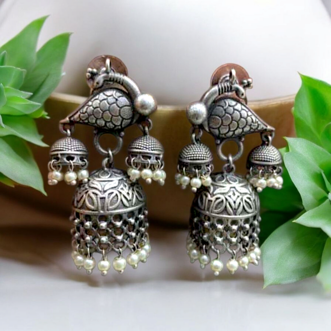 Ekani Antique Brass Silver Plated Pearl Jhumka Earrings