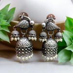 Load image into Gallery viewer, Ekani Antique Brass Silver Plated Pearl Jhumka Earrings
