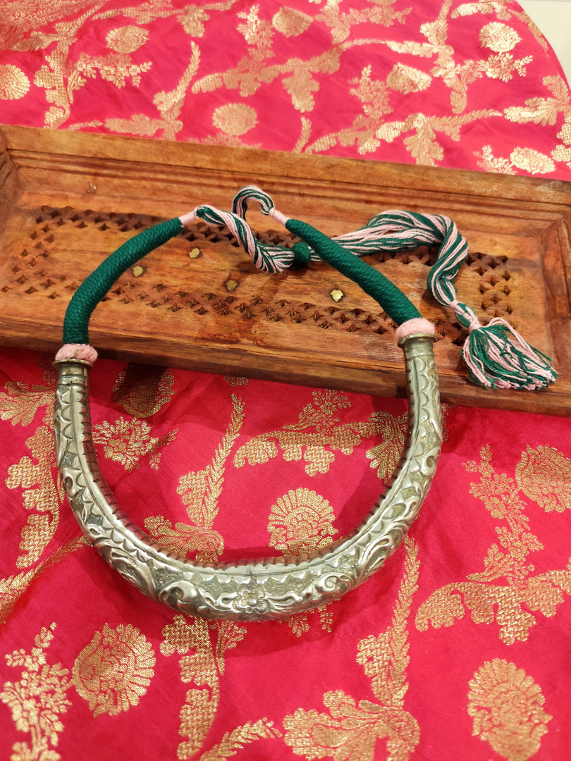 Ekani Premium Brass Silver Chitai Hasli Necklace