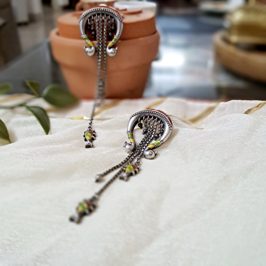 Ekani Morni-Matsya Silver Brass Meenakari Earrings