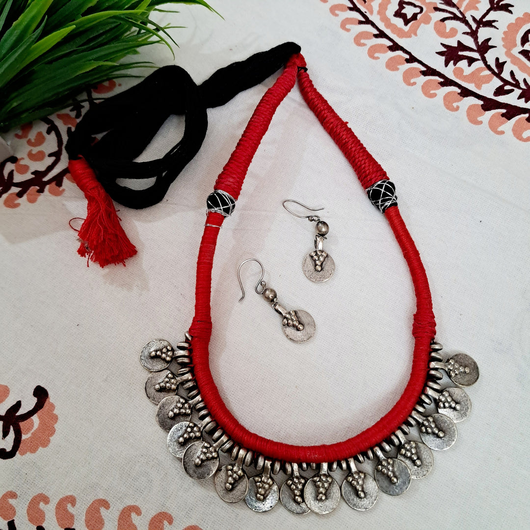 Ekani Bhadra Brass Coin Red Thread Necklace Set