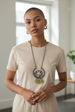 Load image into Gallery viewer, Ekani Upasna Floral Green Beads Silver Lookalike Pearl Necklace With Hoop Earrings