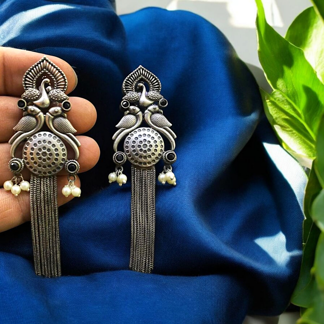 Ekani Kiyara Quirky Silver Replica Brass Chained Earrings