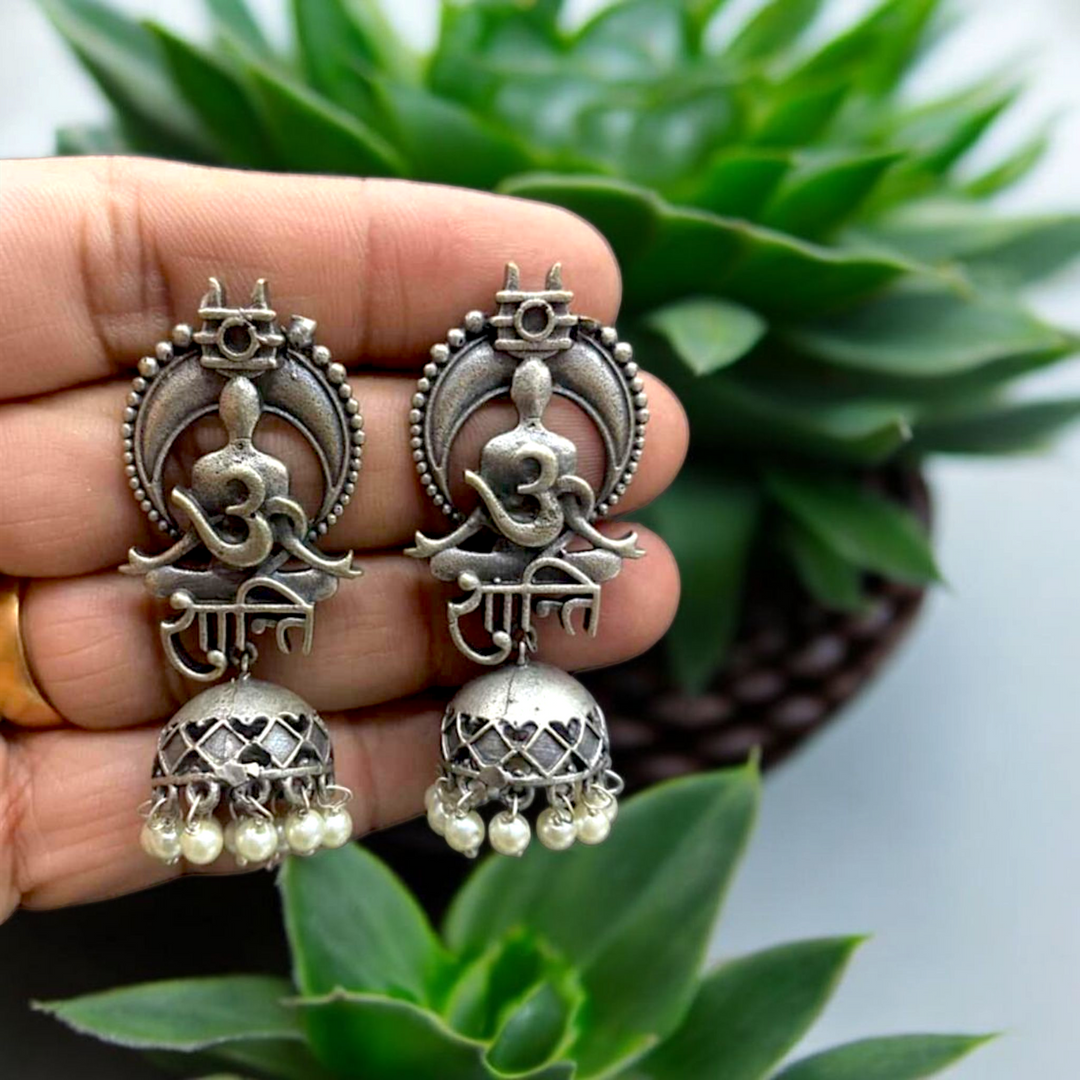 Ekani Om Shanti Silver Replica Brass Pearls Jhumka Earrings