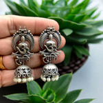 Load image into Gallery viewer, Ekani Om Shanti Silver Replica Brass Pearls Jhumka Earrings
